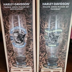 Harley Davidson glass pilsner set.  One panhead and one shovelhead set.